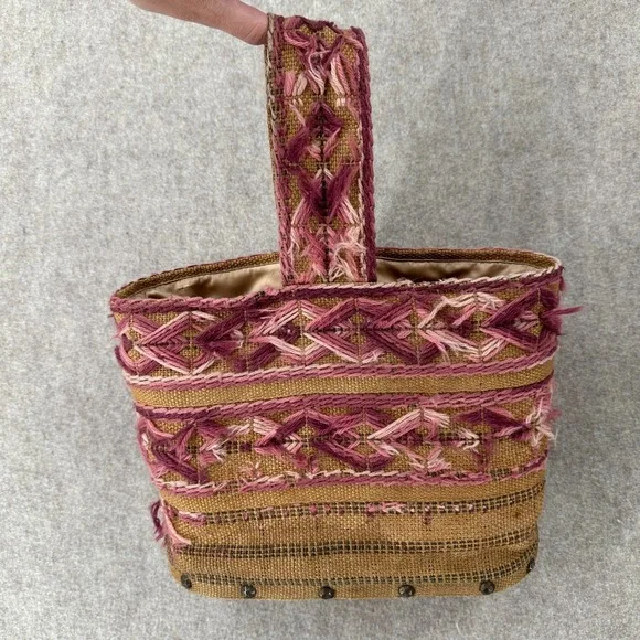 VTG Handmade Burlap Yarn Embroidered Tote Bag Geometric Stitched Pink Brown Boho - Picture 3 of 16